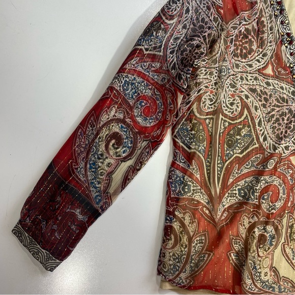 Hale Bob 100% Silk Red Paisley Print Metallic Gold Stripped Jeweled Blouse XS - Picture 6 of 16
